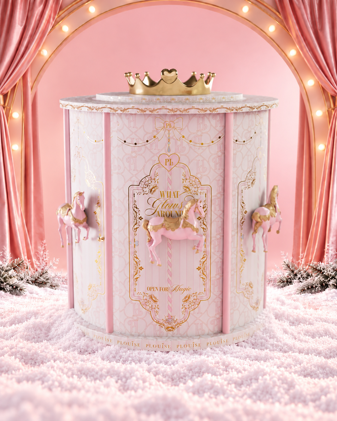 Carousel advent calendar resting on snow without decorative baubles