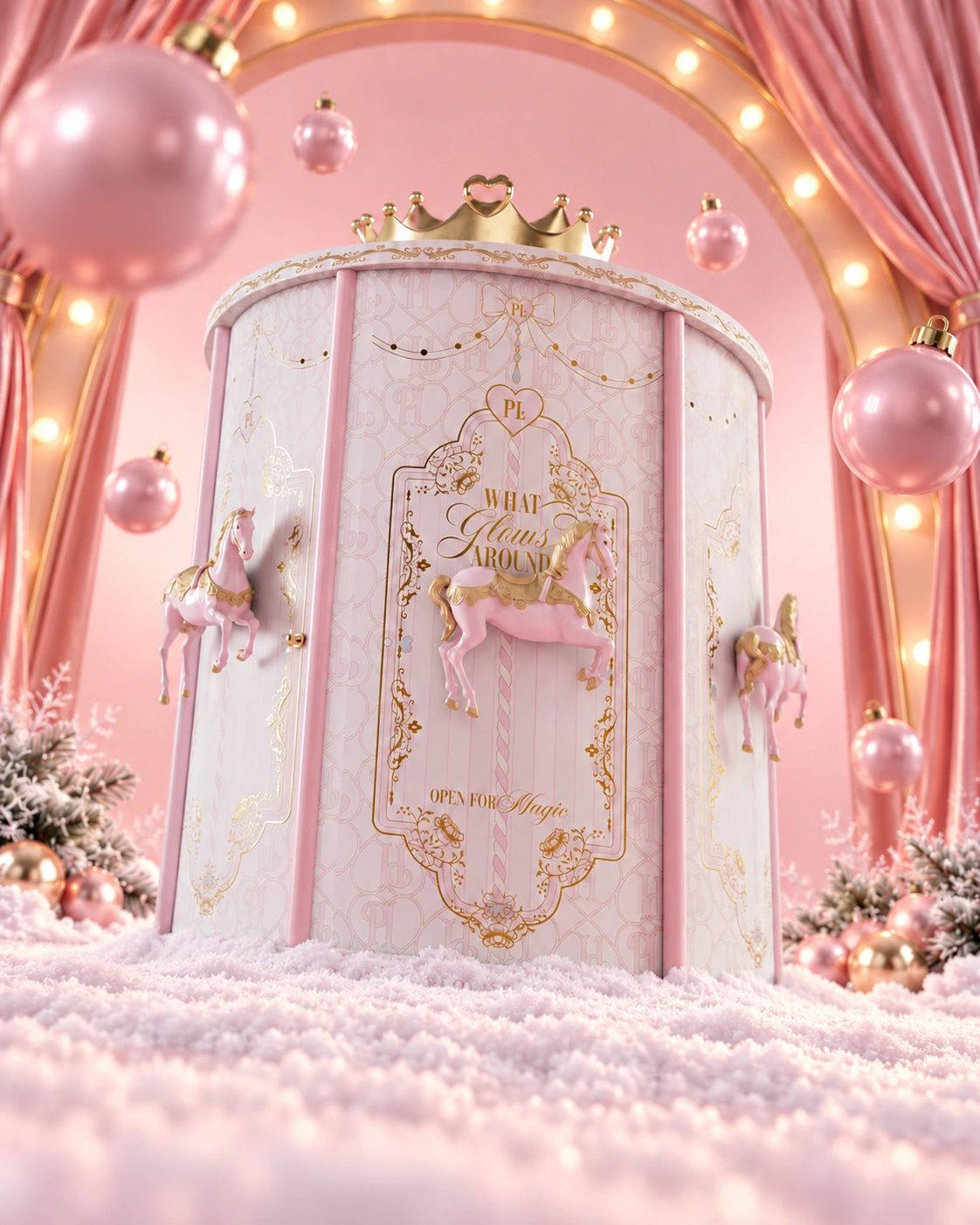 Christmas calendar resting on a bed of snow in a pink-curtain campaign set